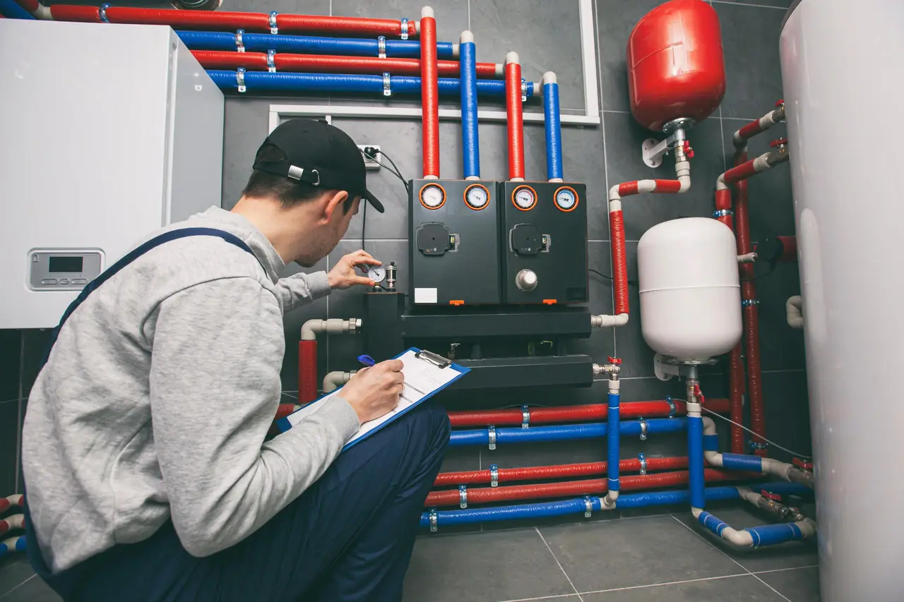 Técnico revisando la instalación de una sala de calderas